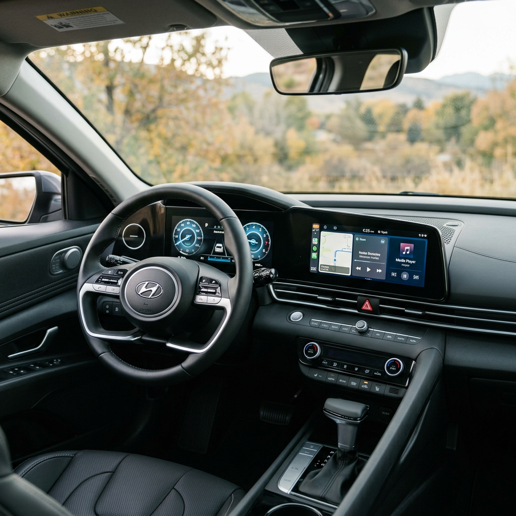 Driver's view of a modern Hyundai car interior featuring dual digital displays and a leather-wrapped steering wheel. (Representative image for illustration purposes only. Actual vehicle may vary based on trim and configuration.)