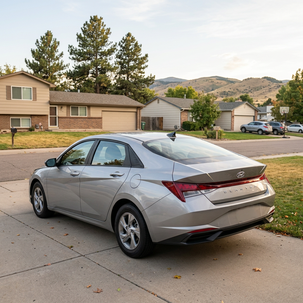 Rear side view of a silver Hyundai Elantra parked on a residential concrete driveway with houses in the background. (Representative image for illustration purposes only. Actual vehicle may vary based on trim and configuration.)