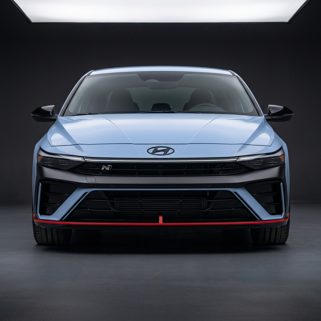 Front view of a light blue Hyundai Elantra N sports sedan featuring an aggressive grille and red lower trim. (Representative image for illustration purposes only. Actual vehicle may vary based on trim and configuration.)