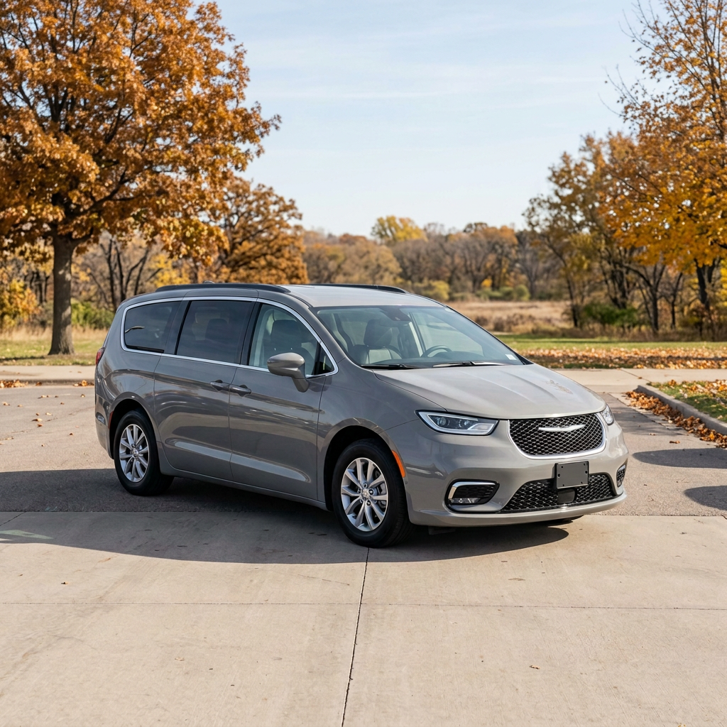 A gray Chrysler Pacifica minivan parked on a paved surface with vibrant autumn foliage in the background. (Representative image for illustration purposes only. Actual vehicle may vary based on trim and configuration.)