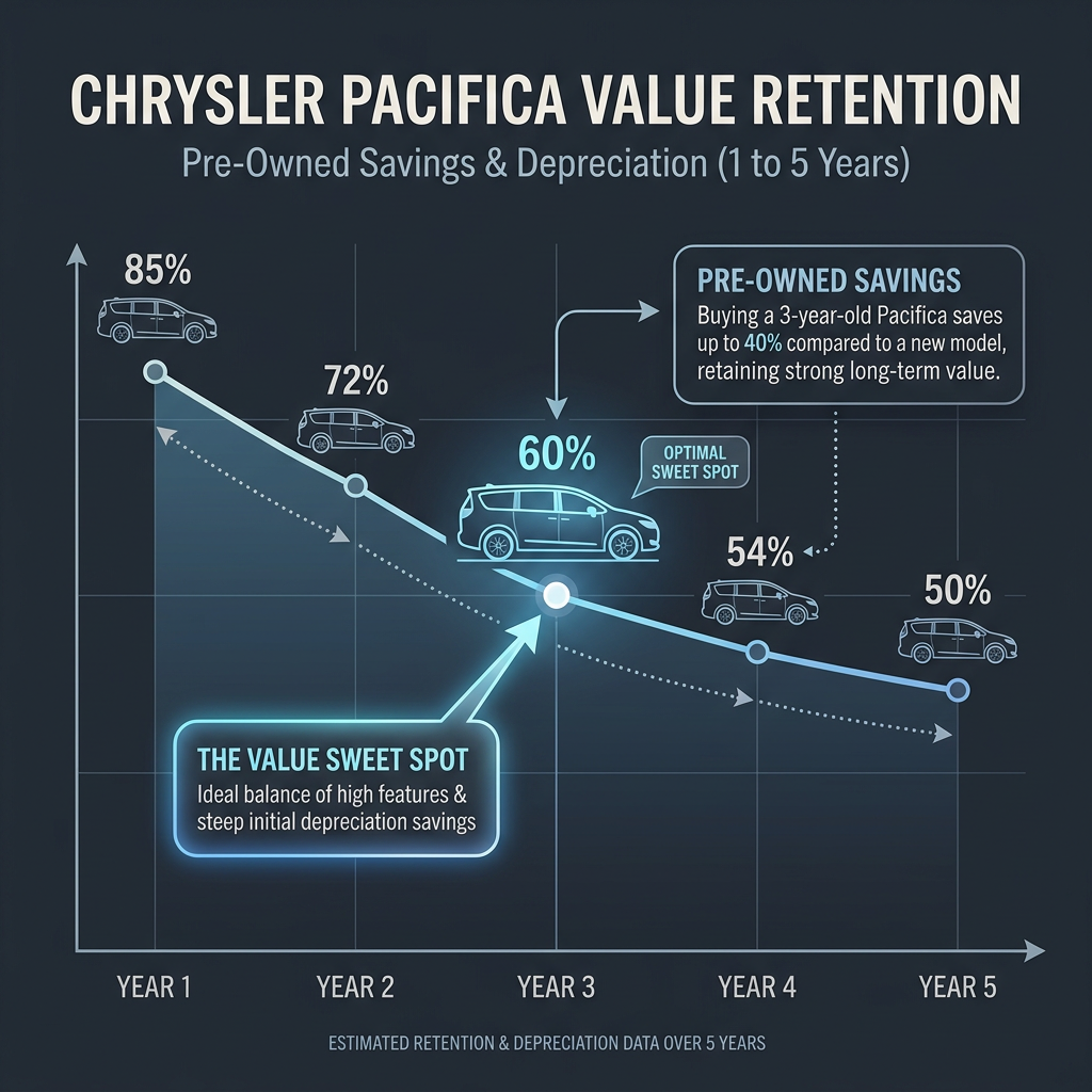 Line graph showing Chrysler Pacifica value retention over 5 years, highlighting Year 3 as the optimal sweet spot at 60%. (Representative image for illustration purposes only. Actual vehicle may vary based on trim and configuration.)