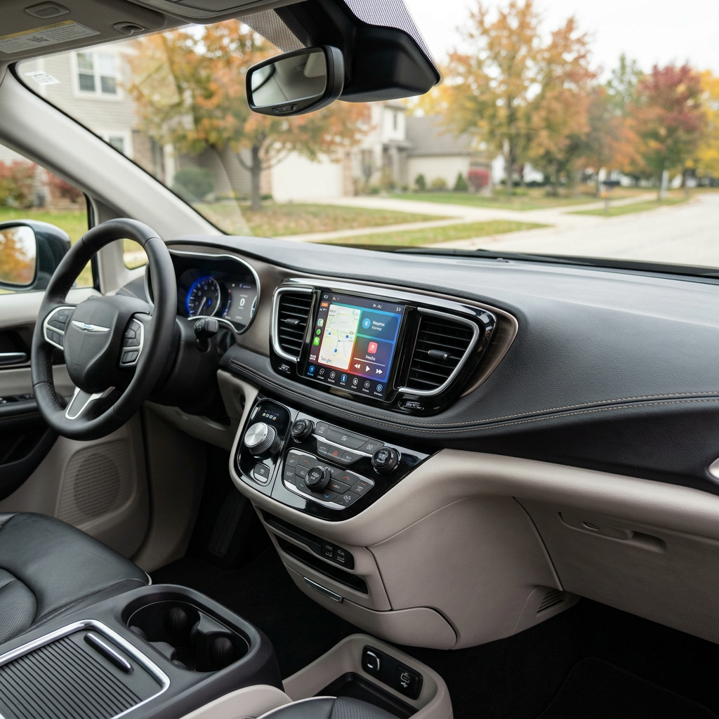 Modern car interior showing the dashboard, touchscreen display, steering wheel, and autumn view through the windshield. (Representative image for illustration purposes only. Actual vehicle may vary based on trim and configuration.)
