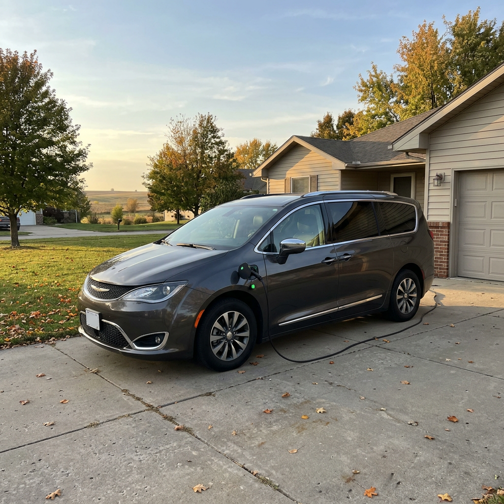 Dark grey Chrysler Pacifica Hybrid minivan plugged into a charger on a suburban driveway during autumn. (Representative image for illustration purposes only. Actual vehicle may vary based on trim and configuration.)