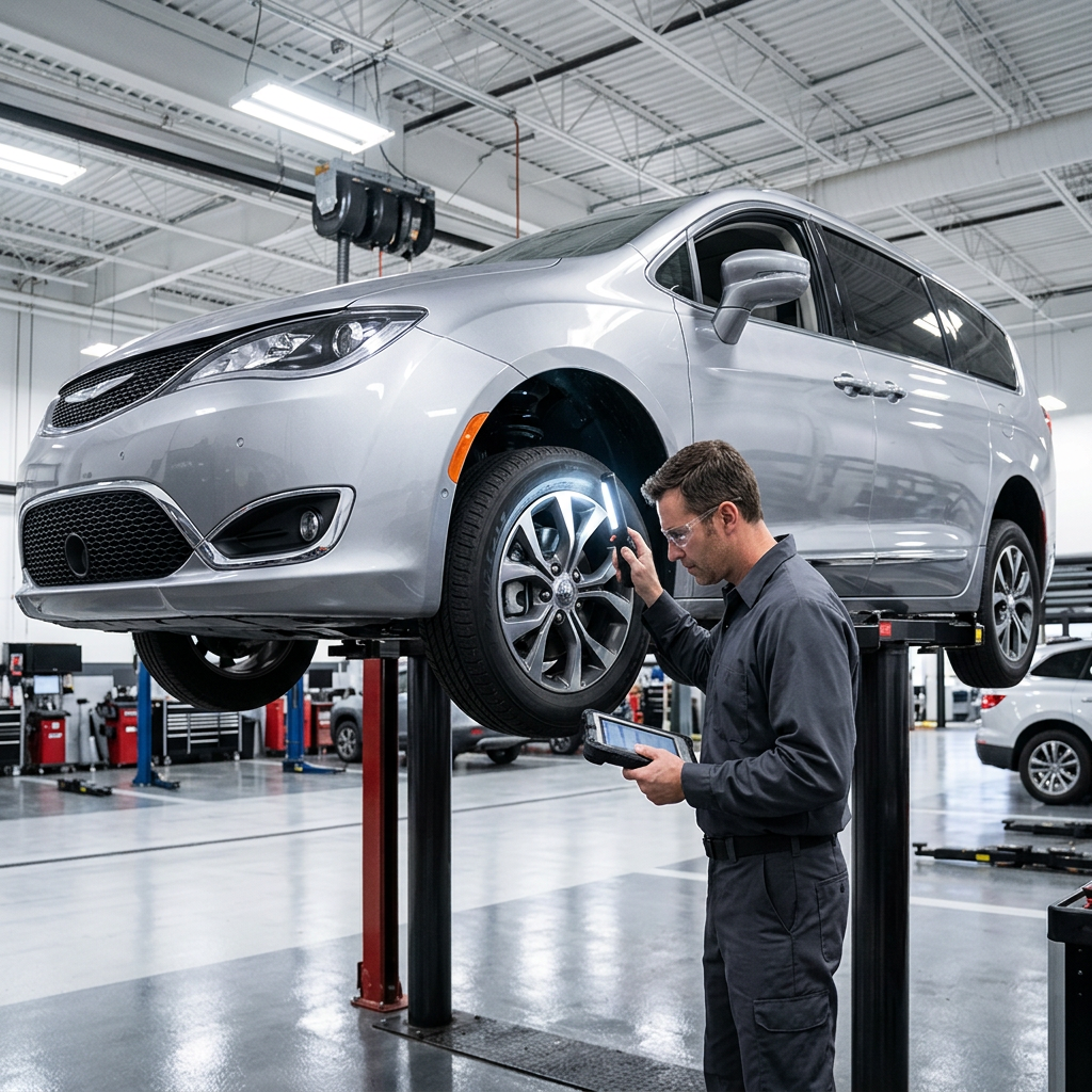 Mechanic holding a flashlight and tablet inspecting a silver minivan raised on a hydraulic lift in a garage. (Representative image for illustration purposes only. Actual vehicle may vary based on trim and configuration.)