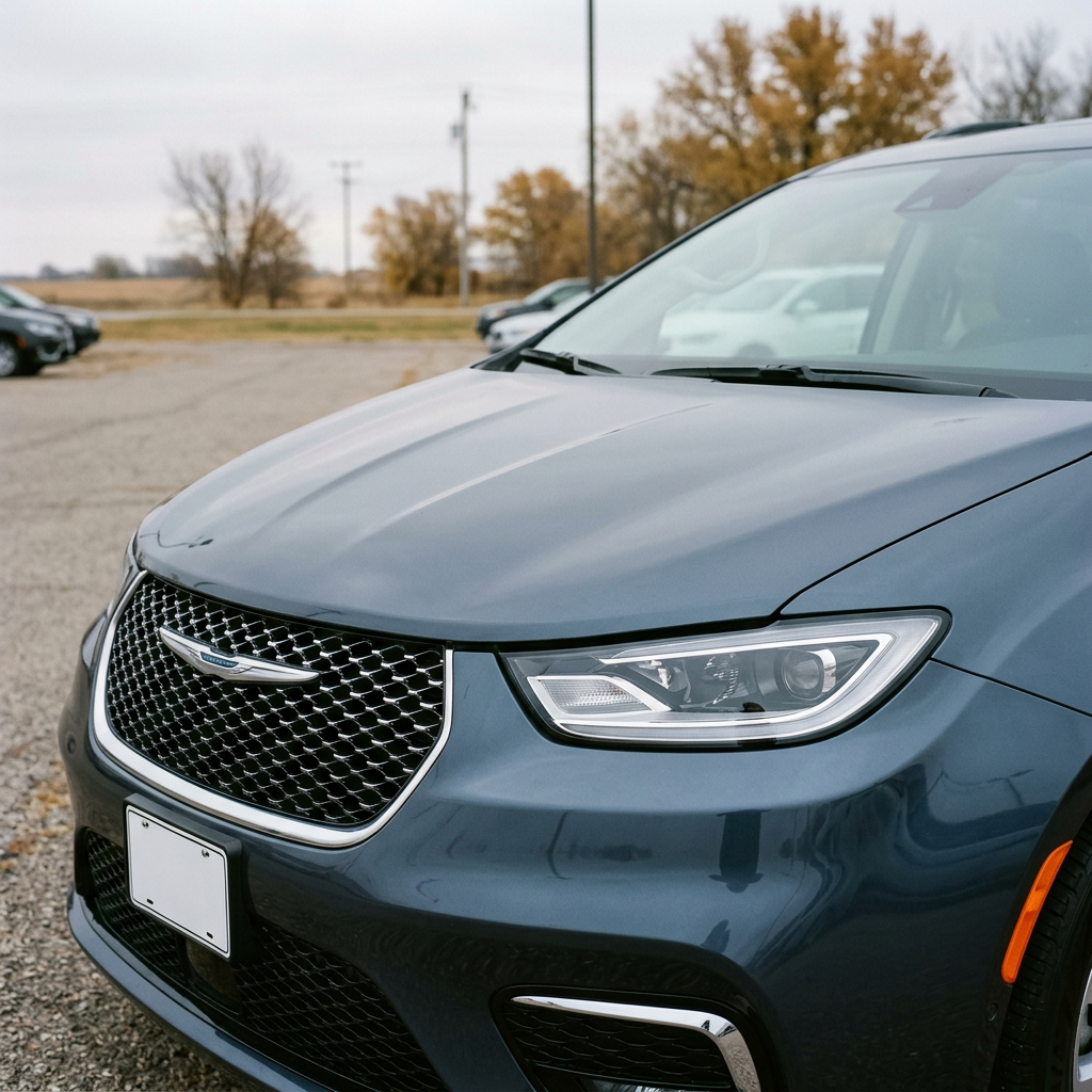 Front headlight, chrome mesh grille, and winged badge on a slate blue Chrysler Pacifica minivan parked outdoors. (Representative image for illustration purposes only. Actual vehicle may vary based on trim and configuration.)