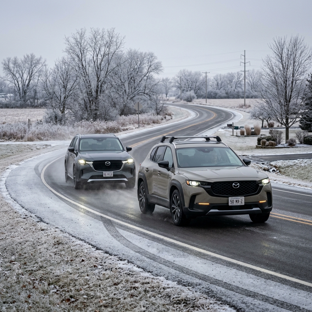 Tan Mazda CX-50 and gray Mazda SUV driving along a winding, frosted two-lane road in winter. (Representative image for illustration purposes only. Actual vehicle may vary based on trim and configuration.)