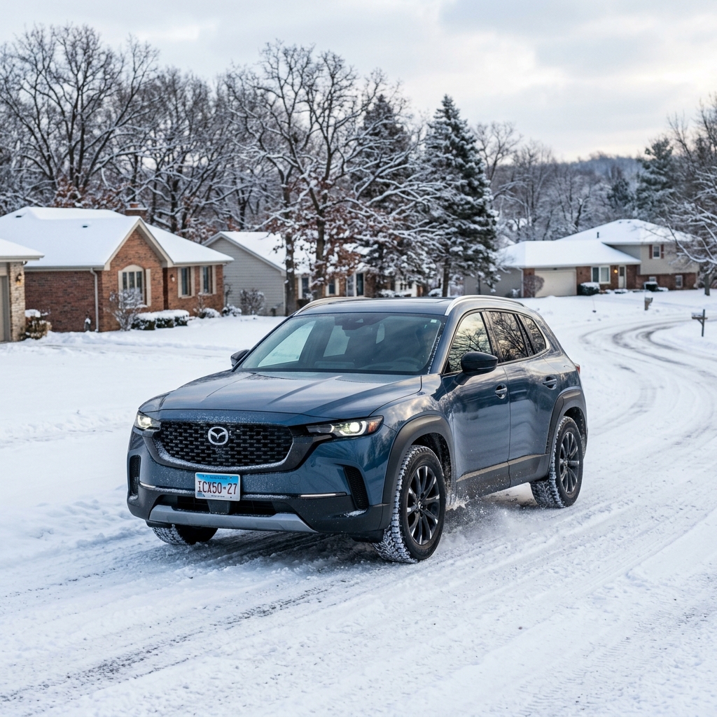 A blue Mazda SUV driving along a snow-covered suburban street during winter. (Representative image for illustration purposes only. Actual vehicle may vary based on trim and configuration.)