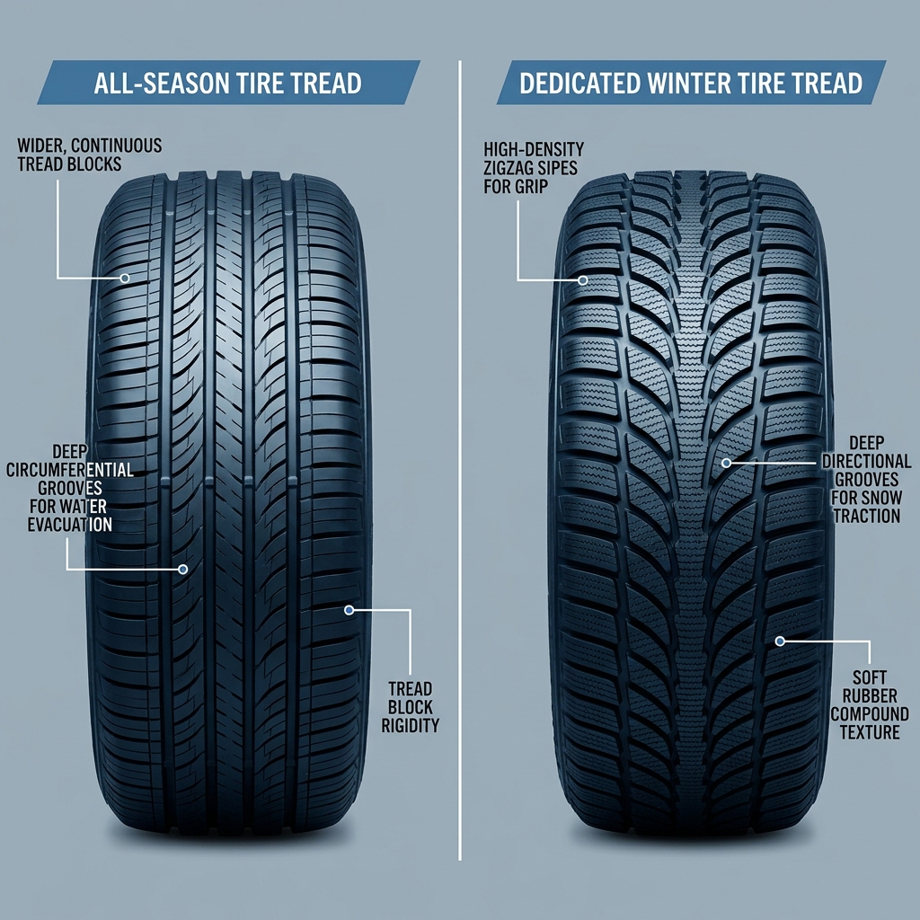 Side-by-side tread pattern comparison of an all-season tire and a dedicated winter tire with labeled design features. (Representative image for illustration purposes only. Actual vehicle may vary based on trim and configuration.)