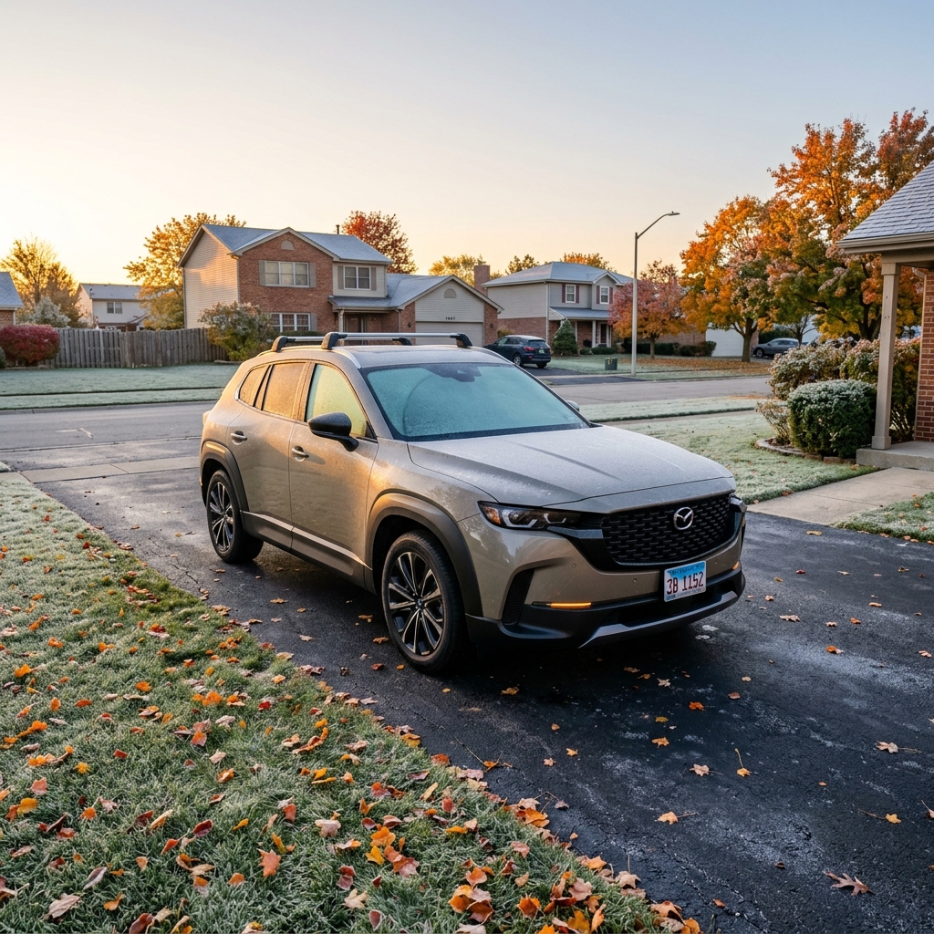 A beige Mazda SUV parked in a suburban driveway on a frosty autumn morning with fallen leaves on the grass. (Representative image for illustration purposes only. Actual vehicle may vary based on trim and configuration.)