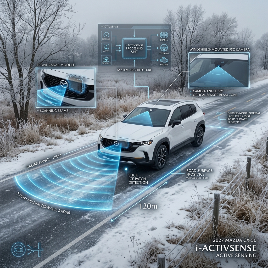 Diagram showing Mazda CX-50 i-ACTIVSENSE radar and camera sensing systems on an icy road. (Representative image for illustration purposes only. Actual vehicle may vary based on trim and configuration.)