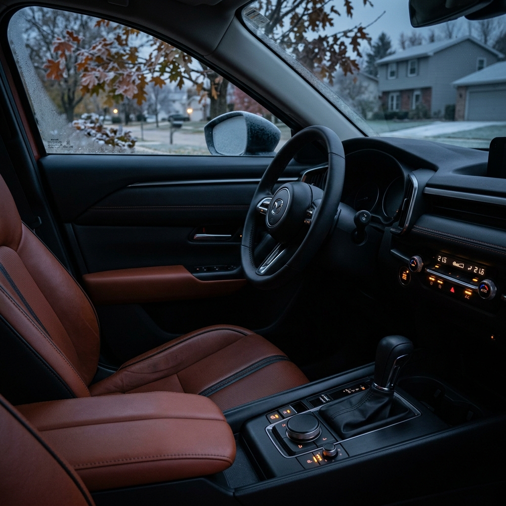 Interior of a modern Mazda car featuring terracotta brown leather seats and illuminated climate controls on a chilly morning. (Representative image for illustration purposes only. Actual vehicle may vary based on trim and configuration.)