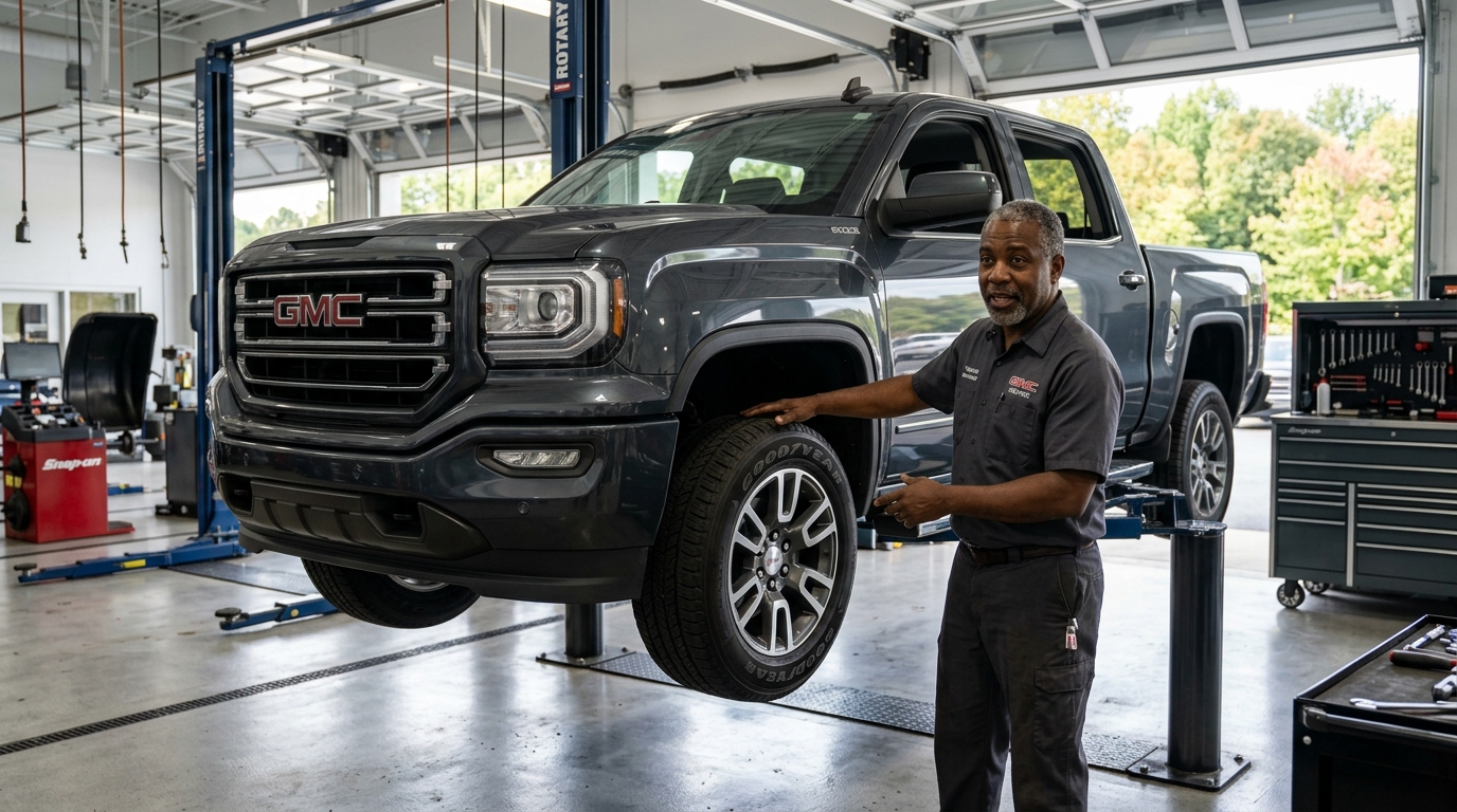 Mechanic pointing to a front tire on a GMC pickup truck elevated on a vehicle lift in a garage. (Representative image for illustration purposes only. Actual vehicle may vary based on trim and configuration.)