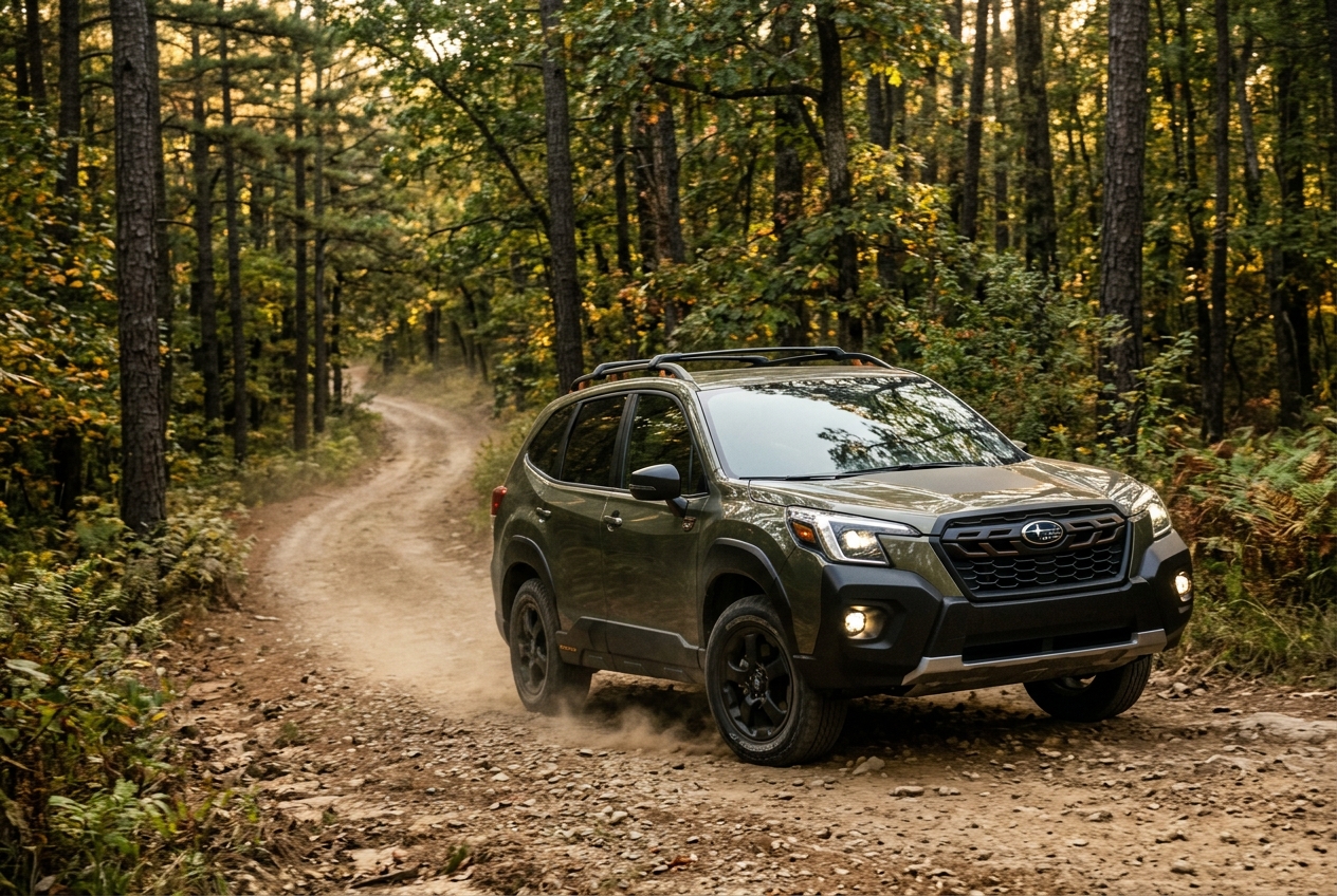 Green Subaru Forester Wilderness SUV driving on a winding dirt trail through a forest. (Representative image for illustration purposes only. Actual vehicle may vary based on trim and configuration.)