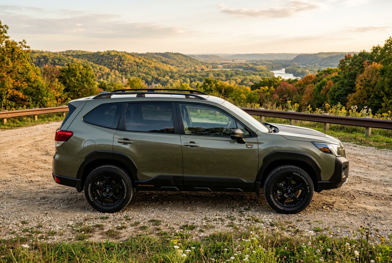 Profile view of a green Subaru Forester Wilderness parked on a dirt trail overlooking a scenic autumn river valley. (Representative image for illustration purposes only. Actual vehicle may vary based on trim and configuration.)