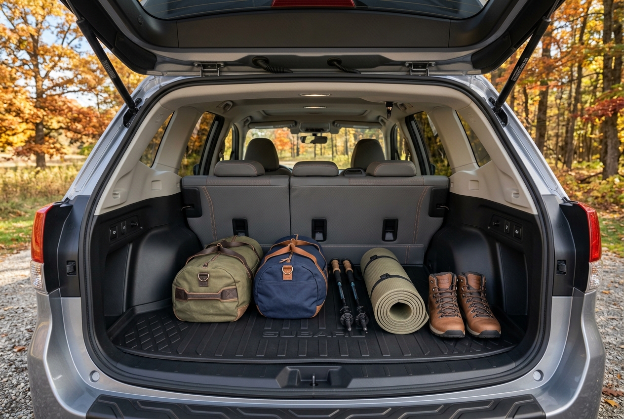 Open trunk of a silver Subaru SUV packed with camping gear including duffel bags, hiking poles, and boots in autumn. (Representative image for illustration purposes only. Actual vehicle may vary based on trim and configuration.)