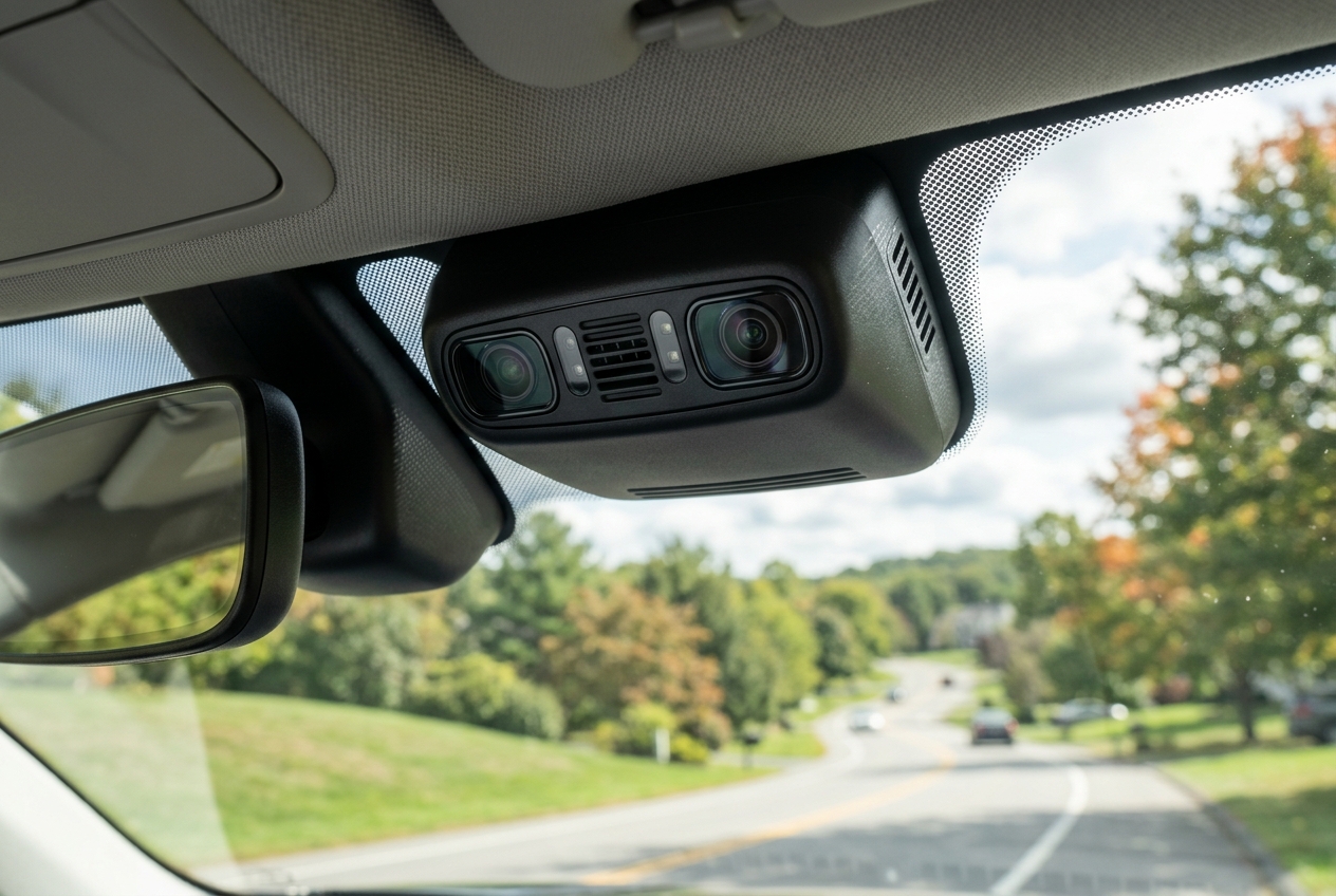 Dual safety cameras mounted on the windshield interior of a car driving down a road. (Representative image for illustration purposes only. Actual vehicle may vary based on trim and configuration.)
