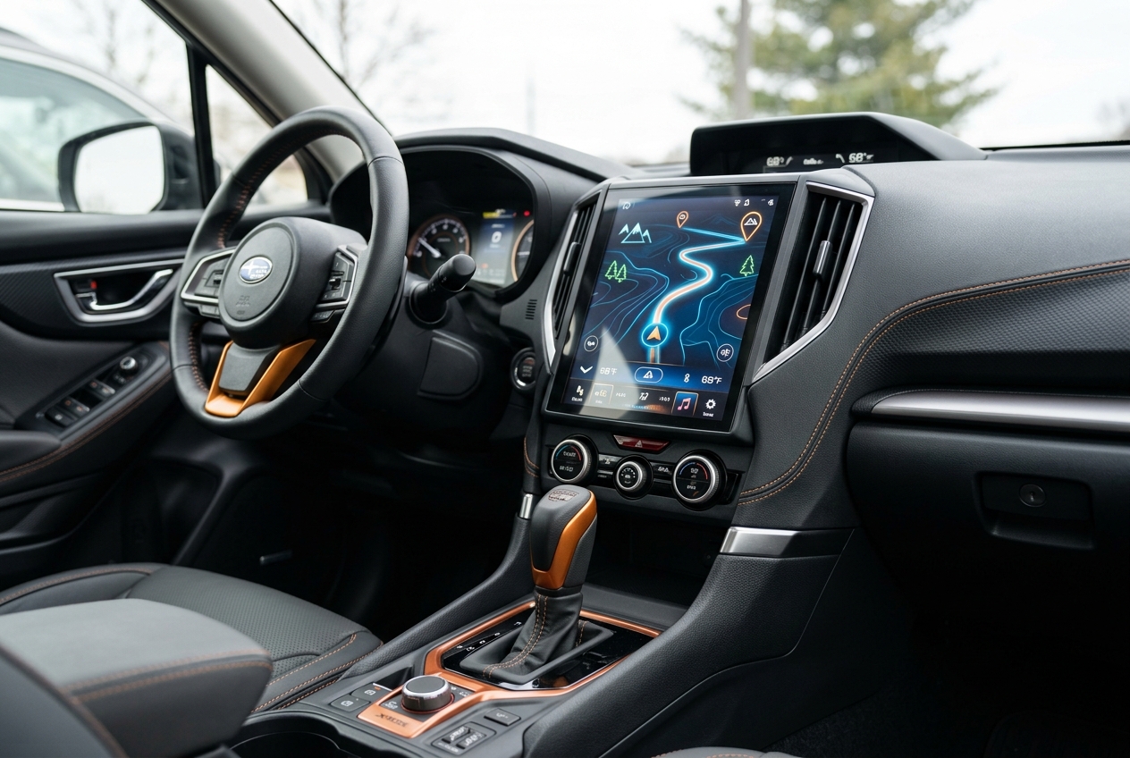 Modern Subaru interior featuring a large vertical touchscreen navigation display and orange trim accents. (Representative image for illustration purposes only. Actual vehicle may vary based on trim and configuration.)