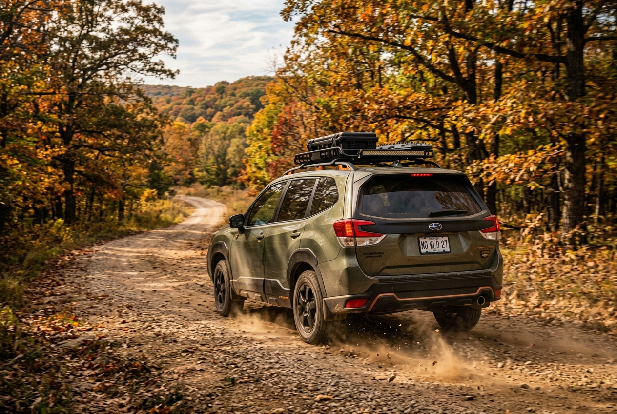 Green Subaru Forester driving on a dusty gravel road through an autumn forest with colorful orange and yellow trees. (Representative image for illustration purposes only. Actual vehicle may vary based on trim and configuration.)