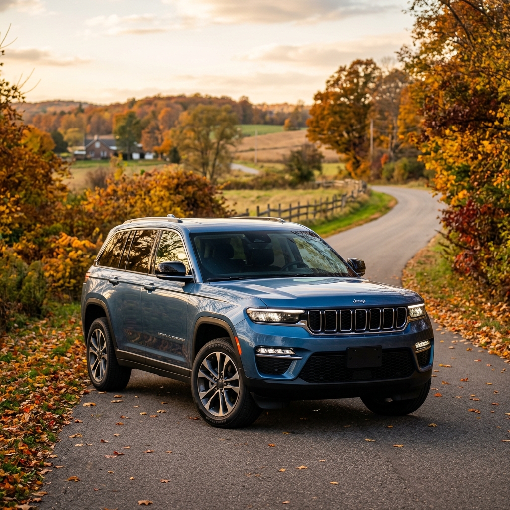 A blue Jeep Grand Cherokee SUV parked on a country road covered in fallen autumn leaves. (Representative image for illustration purposes only. Actual vehicle may vary based on trim and configuration.)