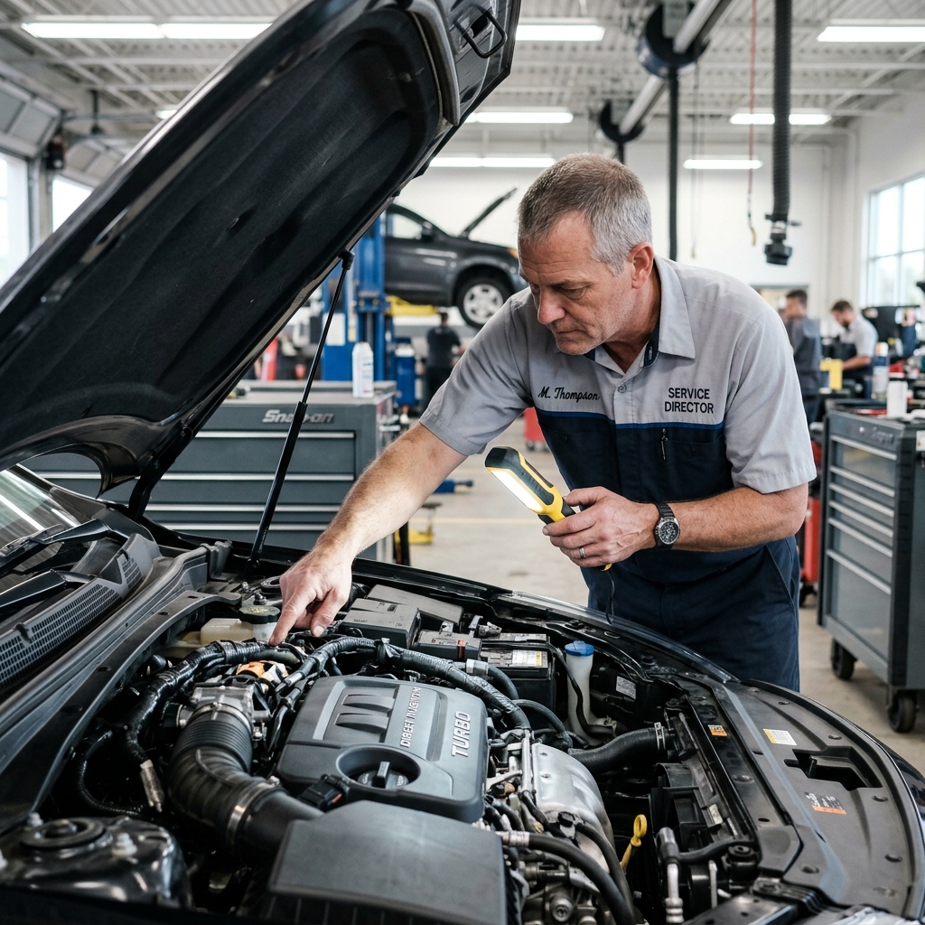 A service director inspects a car engine bay using a yellow work light inside an auto repair shop. (Representative image for illustration purposes only. Actual vehicle may vary based on trim and configuration.)