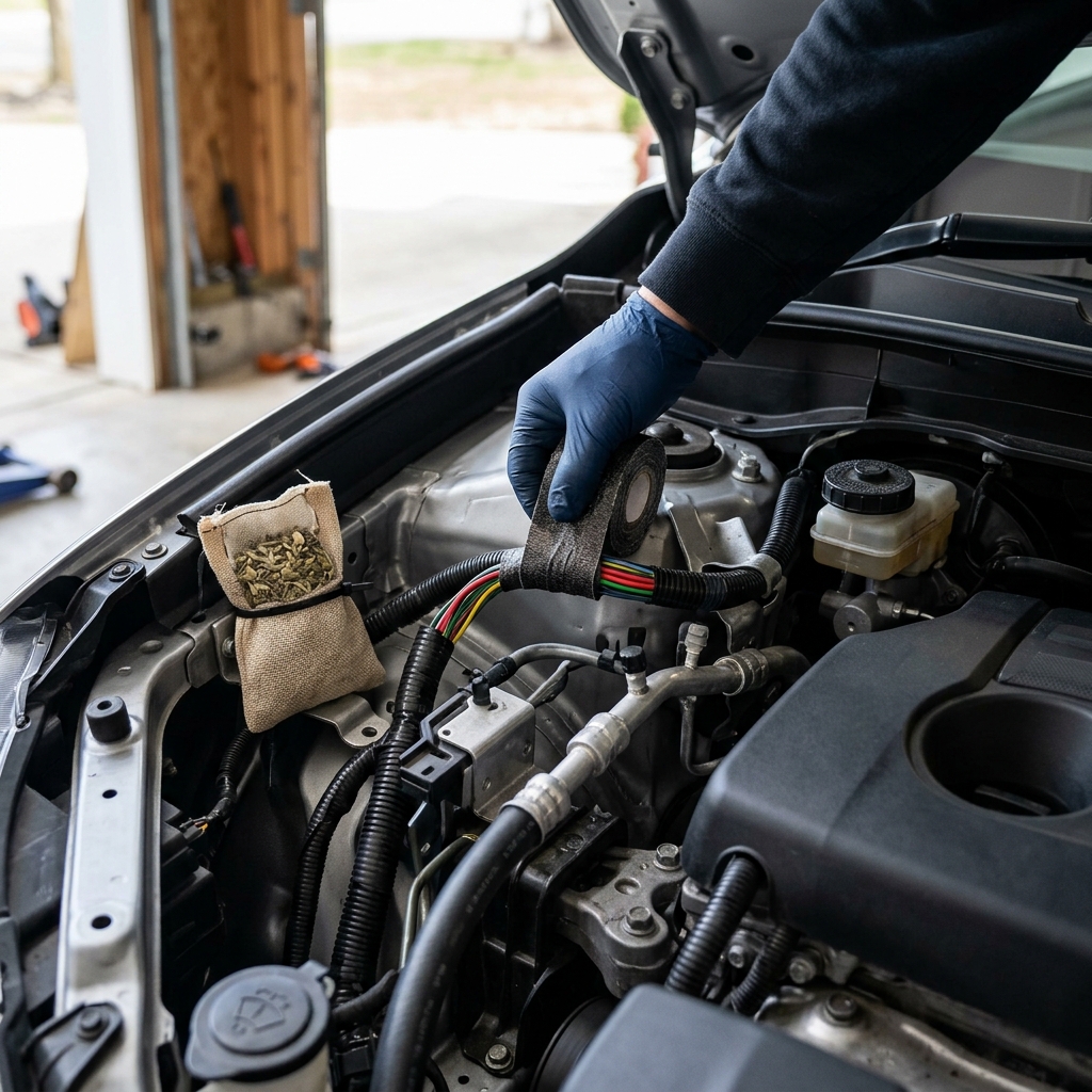 A gloved hand wraps electrical wires in a car engine bay with protective tape near a rodent repellent sachet. (Representative image for illustration purposes only. Actual vehicle may vary based on trim and configuration.)