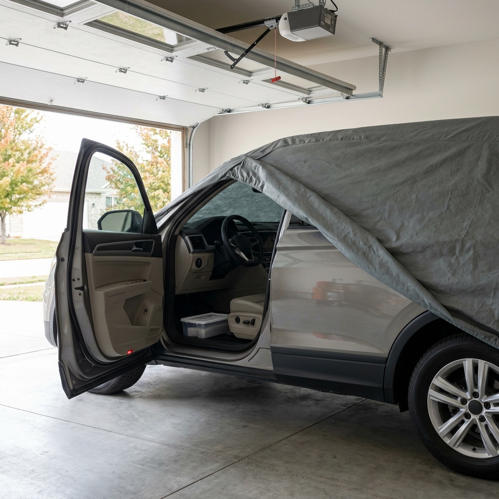 Silver SUV parked in a garage with the driver side door open and a grey car cover draped over the rear. (Representative image for illustration purposes only. Actual vehicle may vary based on trim and configuration.)