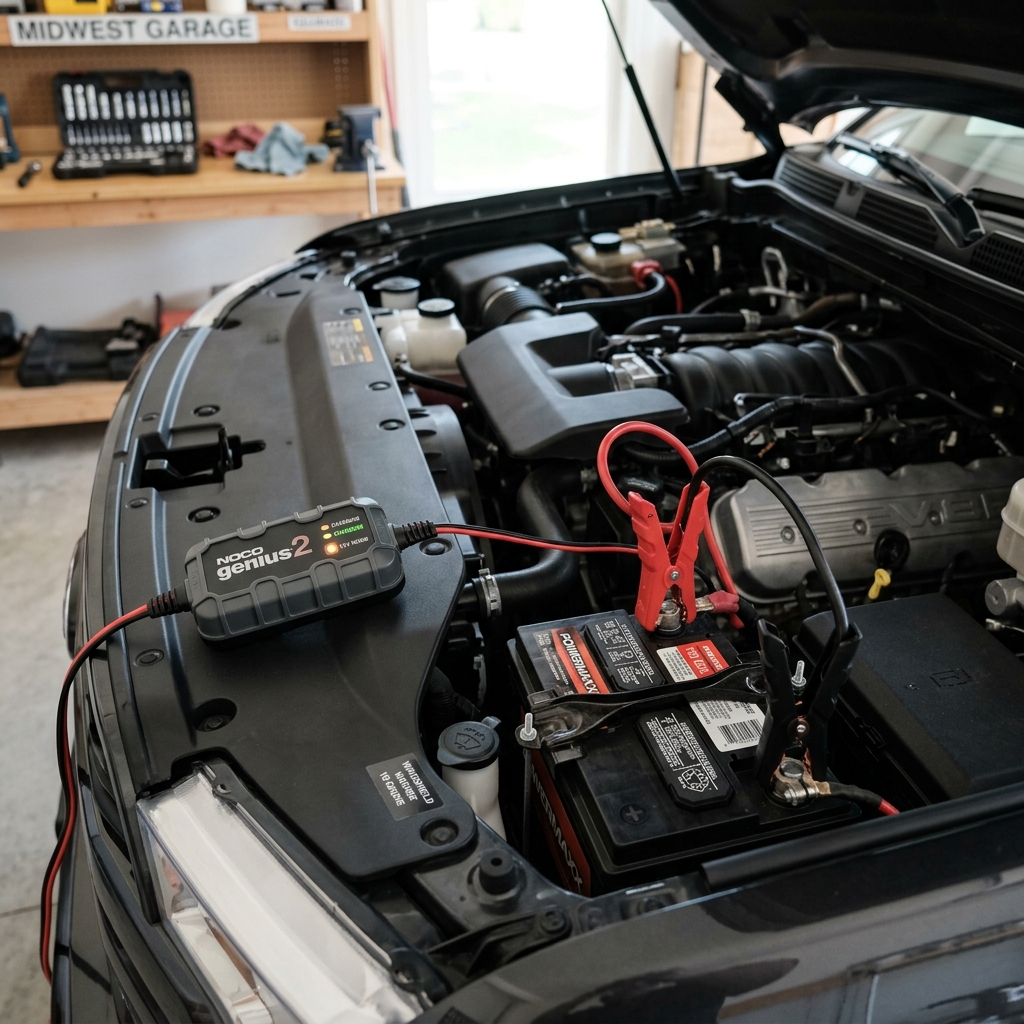 NOCO Genius 2 battery charger connected to a car battery under an open engine hood in a garage. (Representative image for illustration purposes only. Actual vehicle may vary based on trim and configuration.)