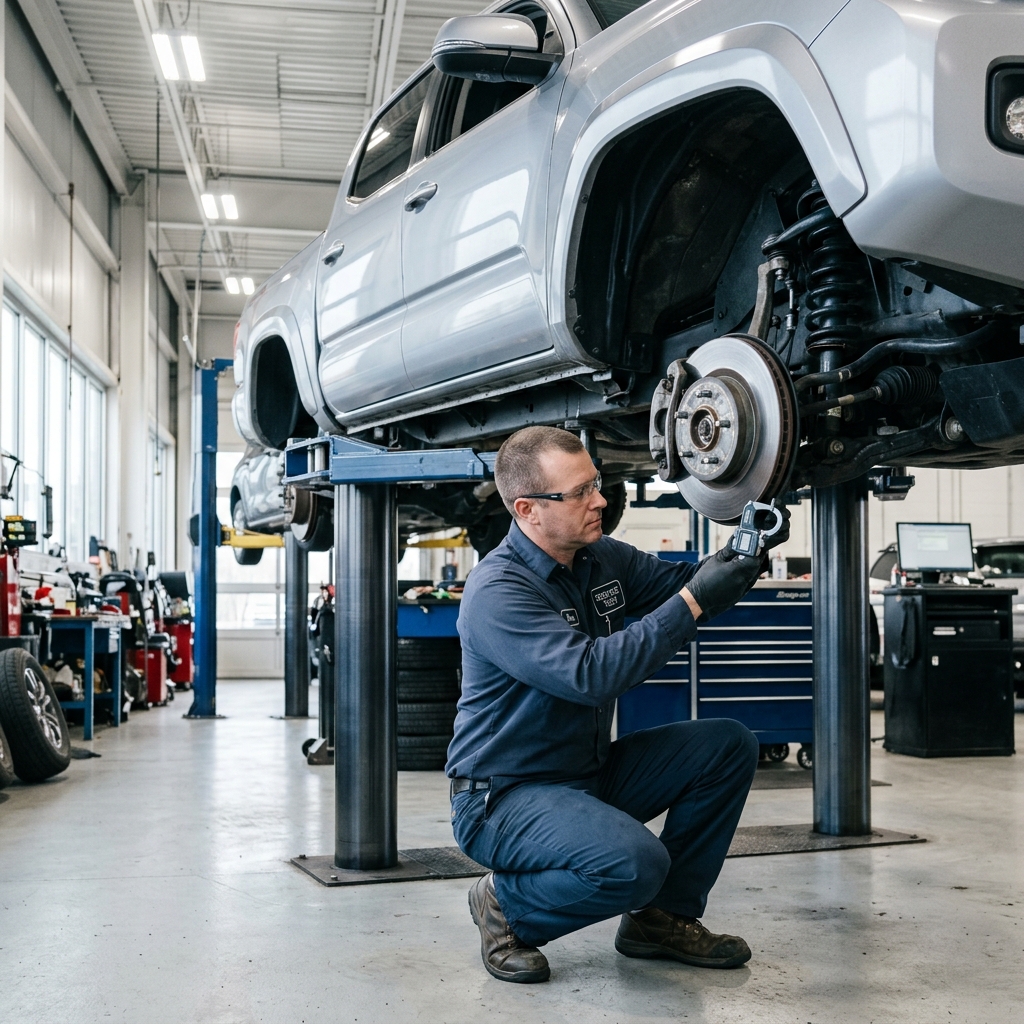 Mechanic using a digital micrometer to measure a silver pickup truck's brake rotor on a hydraulic lift. (Representative image for illustration purposes only. Actual vehicle may vary based on trim and configuration.)
