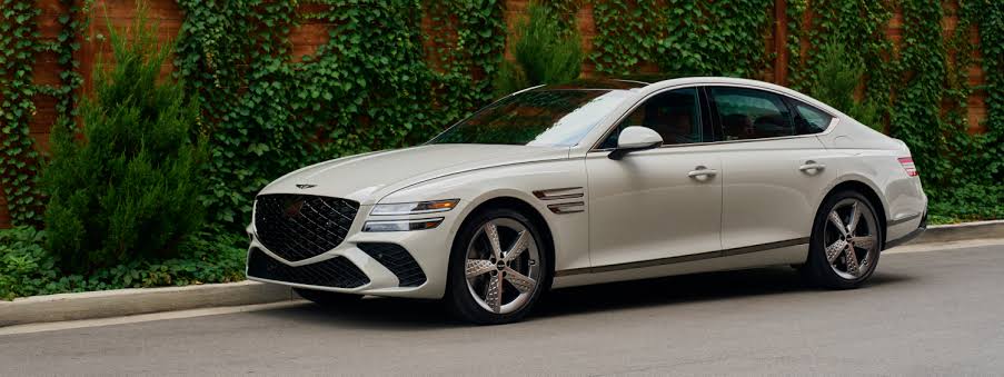 White Genesis G80 luxury sedan parked along a curb in front of an ivy-covered wooden fence.