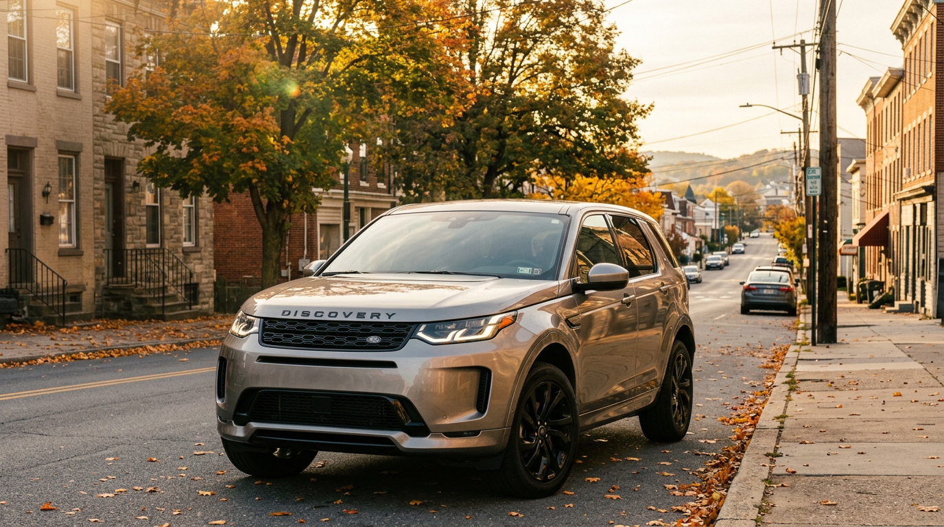 Silver Land Rover Discovery parked on a leaf-strewn residential street during autumn. (Representative image for illustration purposes only. Actual vehicle may vary based on trim and configuration.)
