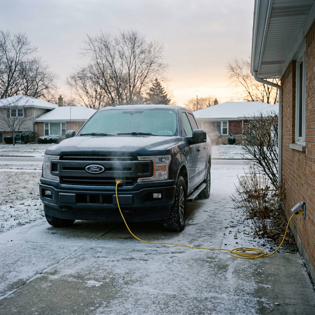 Dark pickup truck parked on a snowy driveway plugged into an outdoor wall outlet with a yellow extension cord. (Representative image for illustration purposes only. Actual vehicle may vary based on trim and configuration.)