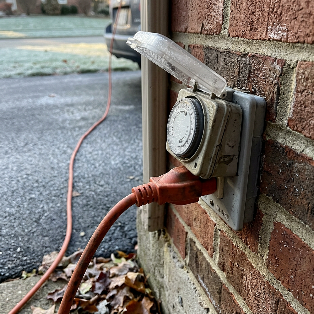 An outdoor mechanical timer plugged into a brick wall with an orange extension cord running toward a car. (Representative image for illustration purposes only. Actual vehicle may vary based on trim and configuration.)