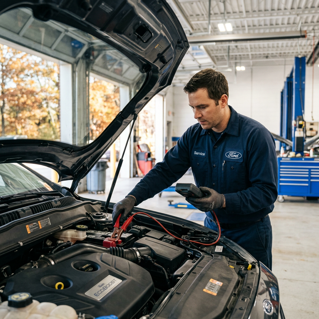 Ford service technician testing a car battery under an open hood in a dealership repair shop. (Representative image for illustration purposes only. Actual vehicle may vary based on trim and configuration.)