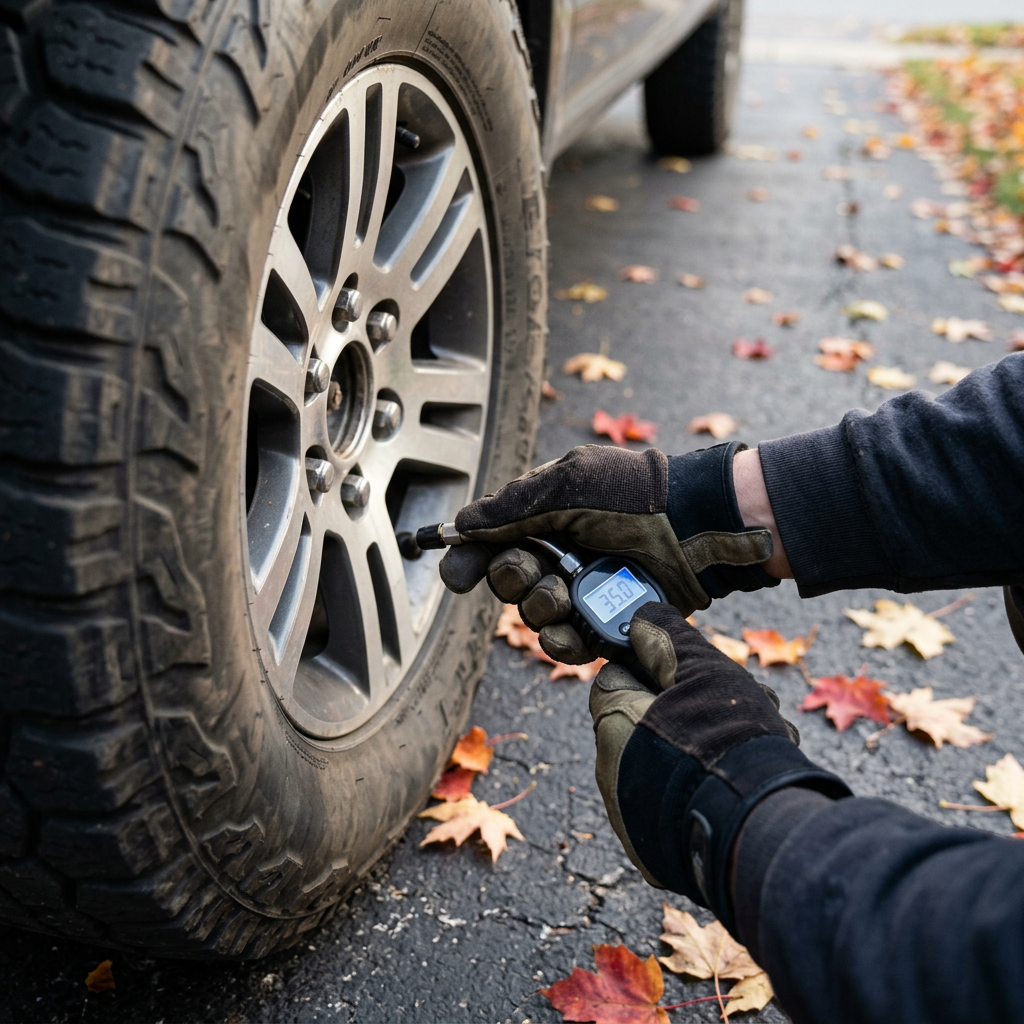 Gloved hands using a digital gauge to check tire pressure on a truck parked near fallen autumn leaves. (Representative image for illustration purposes only. Actual vehicle may vary based on trim and configuration.)