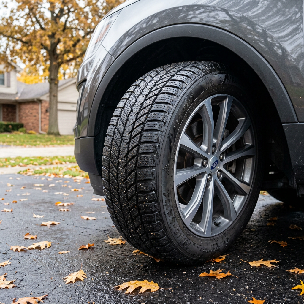 Close-up of a deep-treaded winter tire on a Ford SUV parked on a leaf-scattered driveway during autumn. (Representative image for illustration purposes only. Actual vehicle may vary based on trim and configuration.)