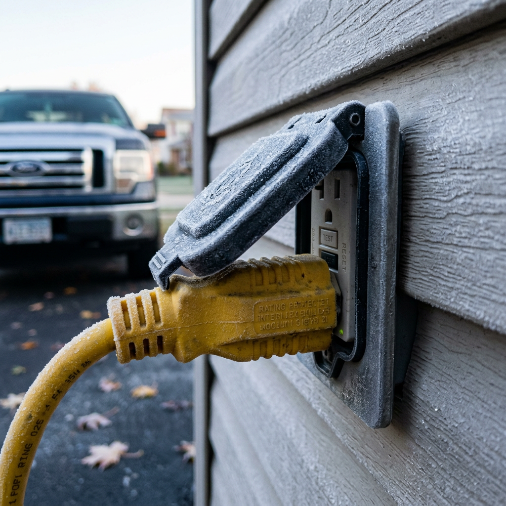 A yellow extension cord plugged into a frost-covered outdoor GFCI electrical outlet on a cold winter morning. (Representative image for illustration purposes only. Actual vehicle may vary based on trim and configuration.)