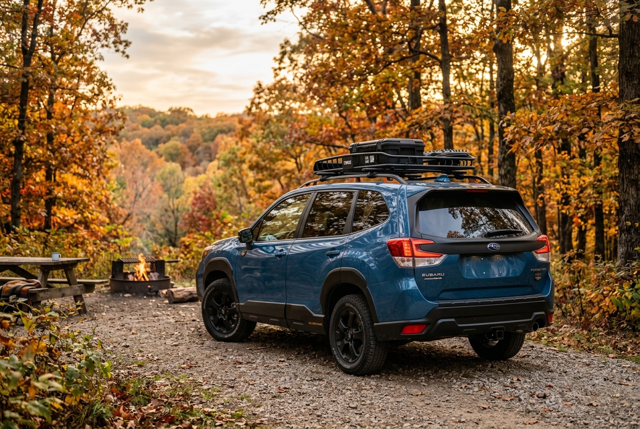 Blue Subaru Forester parked at an autumn campsite next to a campfire and picnic table surrounded by fall foliage. (Representative image for illustration purposes only. Actual vehicle may vary based on trim and configuration.)