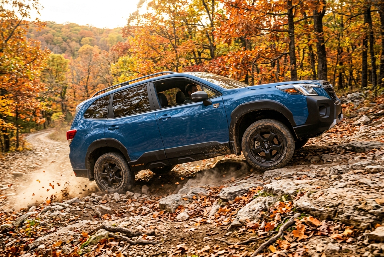 A blue Subaru Forester Wilderness SUV driving up a rocky dirt trail through a colorful autumn forest. (Representative image for illustration purposes only. Actual vehicle may vary based on trim and configuration.)