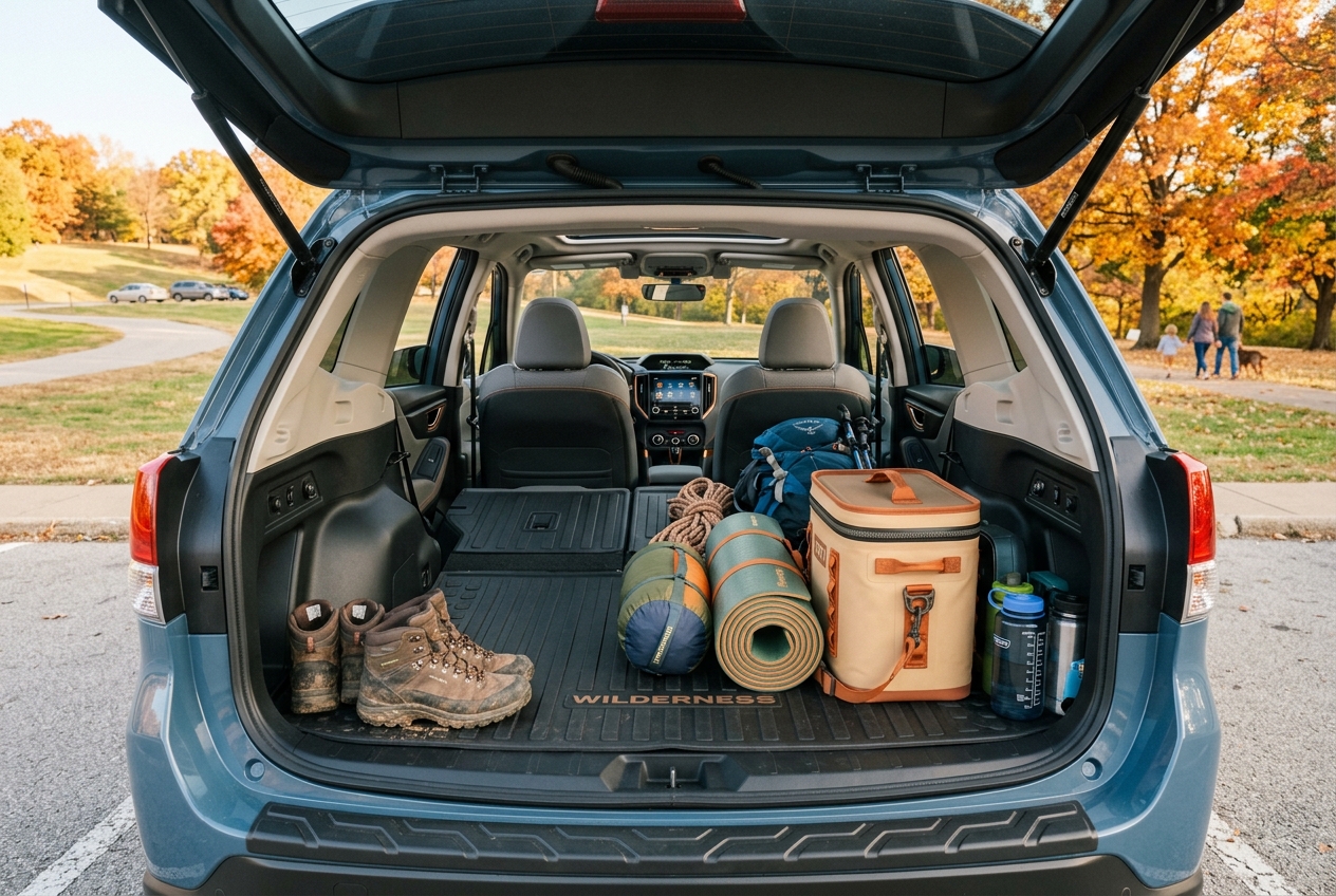 Open trunk of a blue SUV packed with hiking boots, sleeping bag, camping mat, backpack, and a cooler in autumn. (Representative image for illustration purposes only. Actual vehicle may vary based on trim and configuration.)