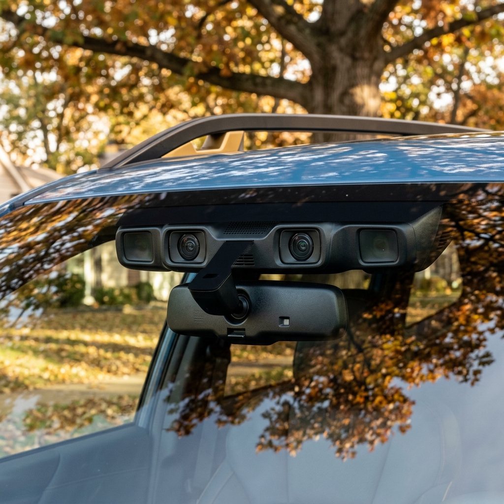 Close-up of a modern vehicle windshield showing a multi-camera driver assistance safety system above the rearview mirror. (Representative image for illustration purposes only. Actual vehicle may vary based on trim and configuration.)