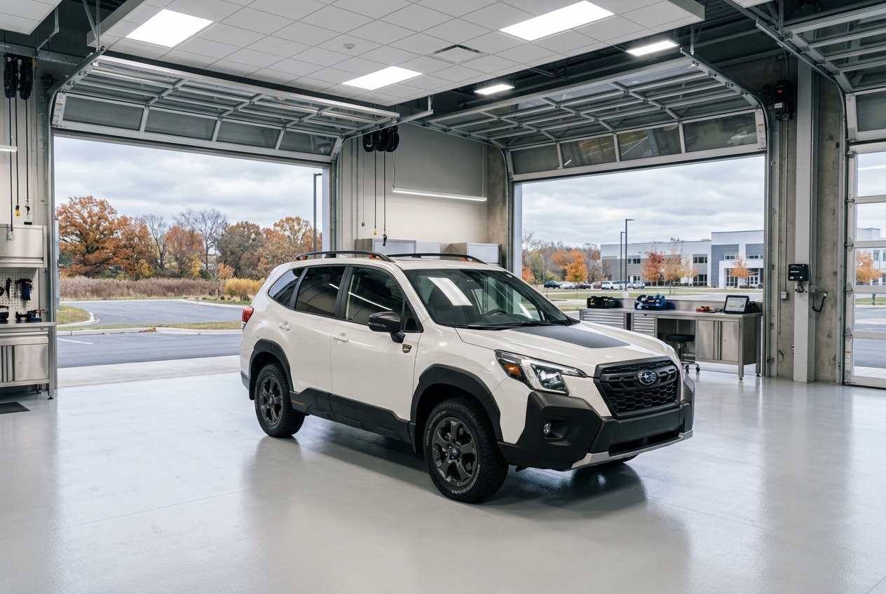 A white Subaru Forester Wilderness parked inside a spacious, modern automotive service bay with open garage doors. (Representative image for illustration purposes only. Actual vehicle may vary based on trim and configuration.)