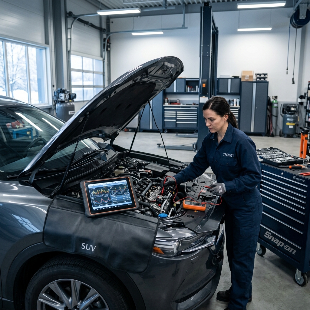 Female mechanic using a multimeter and diagnostic tablet to test an SUV engine in a well-lit garage. (Representative image for illustration purposes only. Actual vehicle may vary based on trim and configuration.)