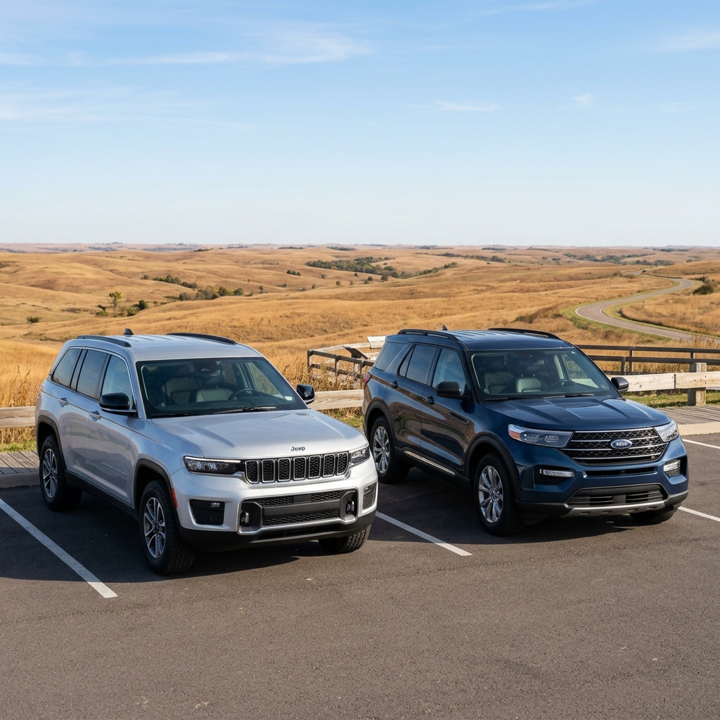 A silver Jeep Grand Cherokee and a dark blue Ford Explorer parked side by side at a scenic prairie overlook. (Representative image for illustration purposes only. Actual vehicle may vary based on trim and configuration.)