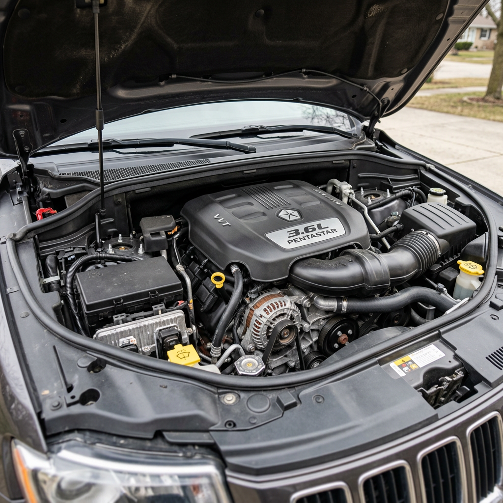 Clean 3.6L Pentastar V6 engine under the open hood of a Jeep Grand Cherokee SUV. (Representative image for illustration purposes only. Actual vehicle may vary based on trim and configuration.)