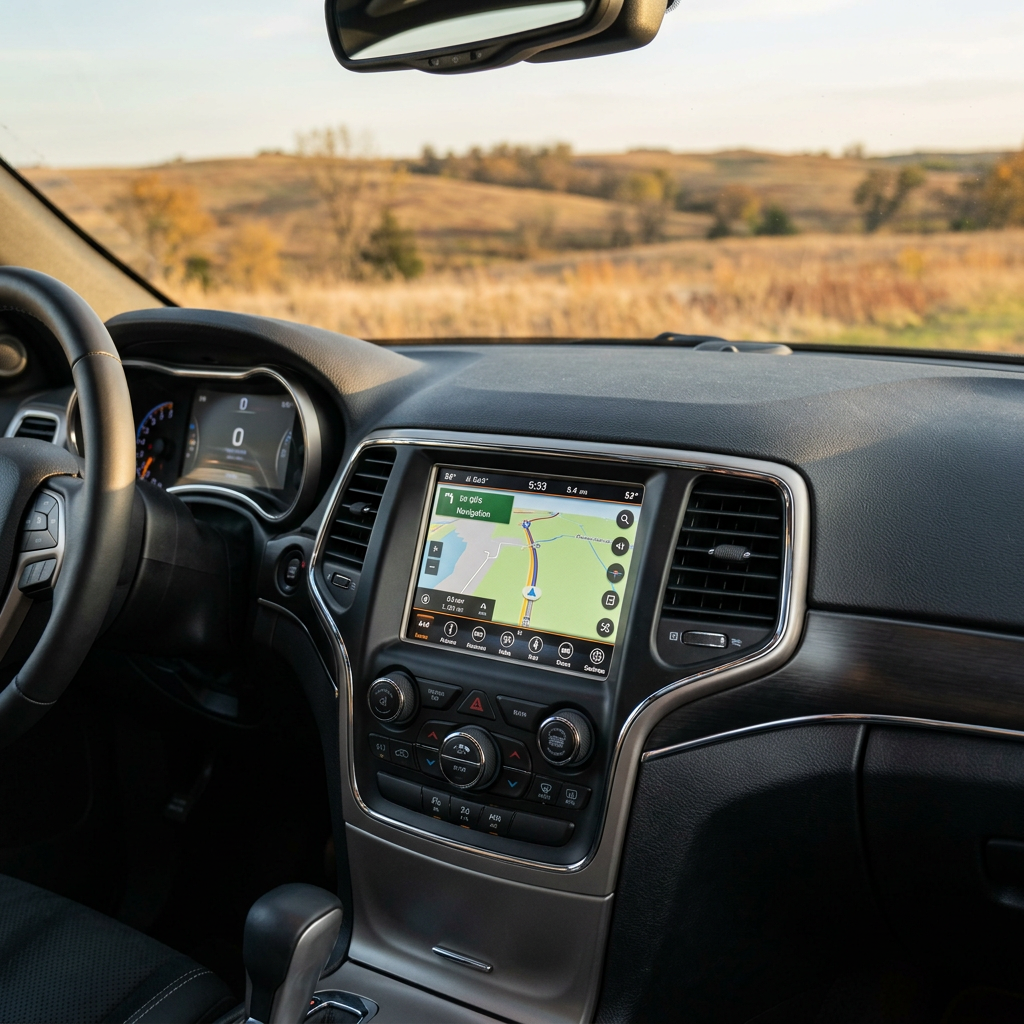 Interior of a modern vehicle showing the dashboard, navigation screen, steering wheel, and scenic outdoor view. (Representative image for illustration purposes only. Actual vehicle may vary based on trim and configuration.)