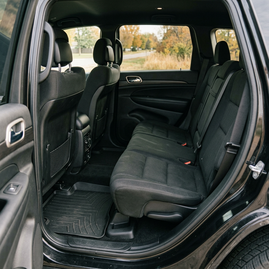 Clean black cloth rear seats and all-weather floor mats in a spacious SUV interior with the rear door open. (Representative image for illustration purposes only. Actual vehicle may vary based on trim and configuration.)