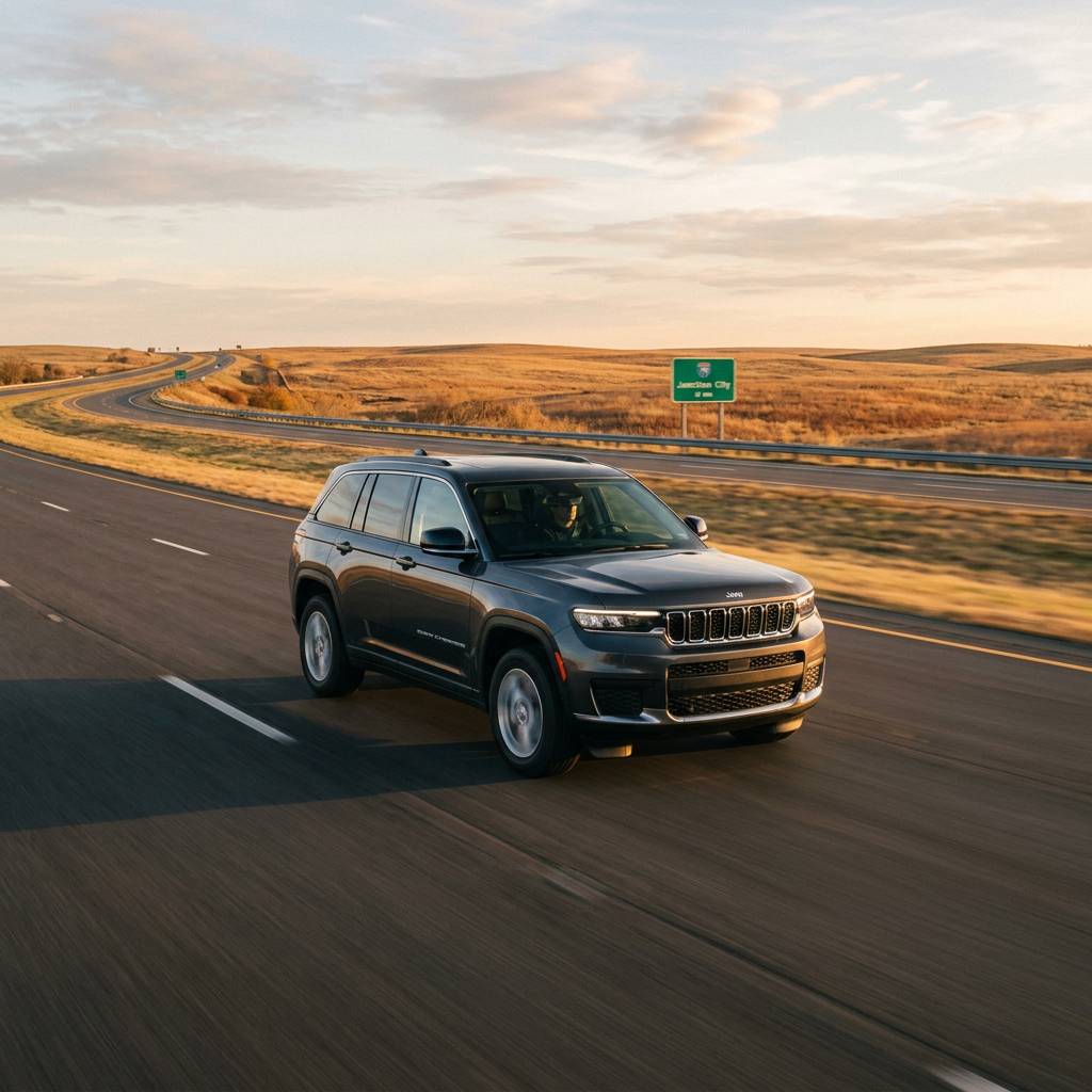 Dark grey Jeep Grand Cherokee driving along a multi-lane highway through rolling hills at sunset. (Representative image for illustration purposes only. Actual vehicle may vary based on trim and configuration.)