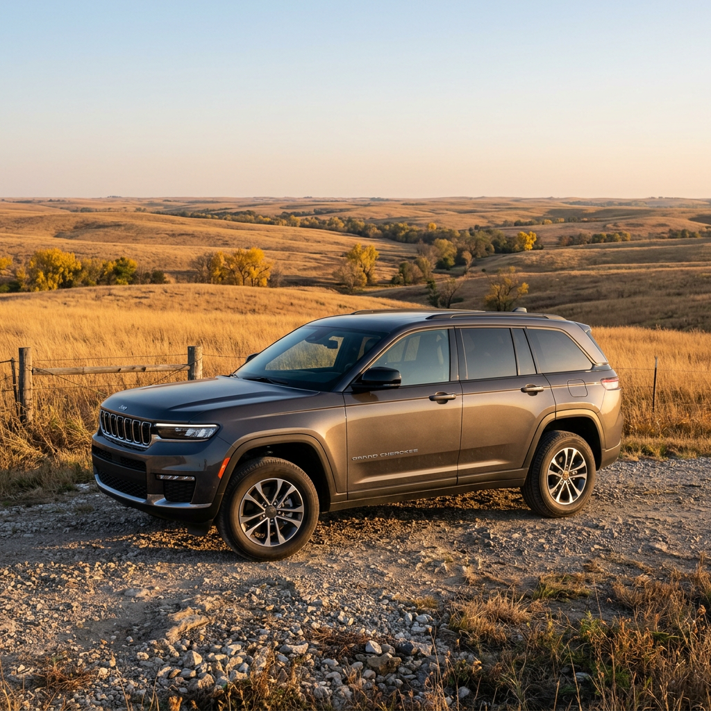 A dark grey Jeep Grand Cherokee parked on a gravel dirt path overlooking golden rolling prairie hills at sunset. (Representative image for illustration purposes only. Actual vehicle may vary based on trim and configuration.)