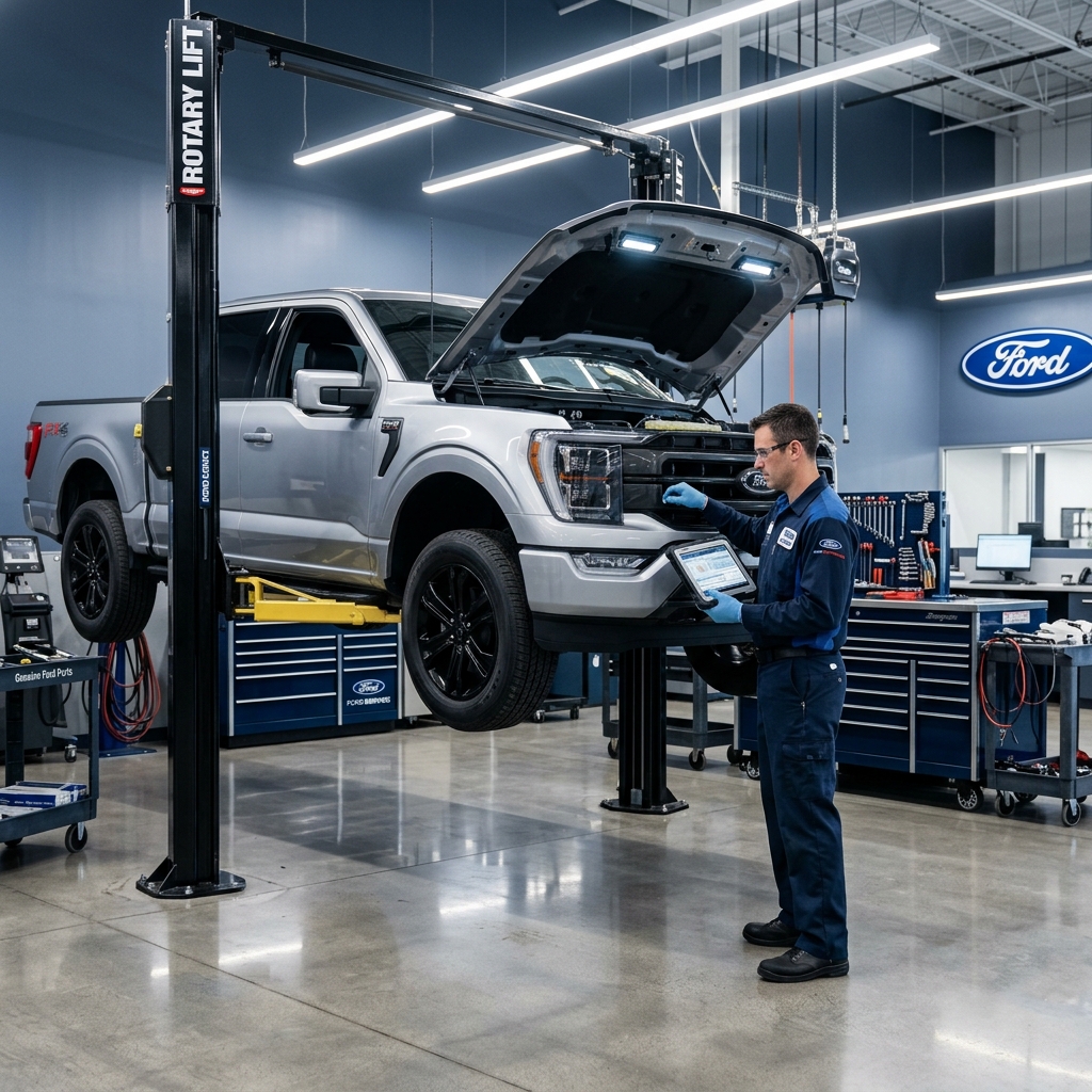 Ford service technician holding a diagnostic tablet while inspecting a silver Ford F-150 pickup truck on a hydraulic lift. (Representative image for illustration purposes only. Actual vehicle may vary based on trim and configuration.)