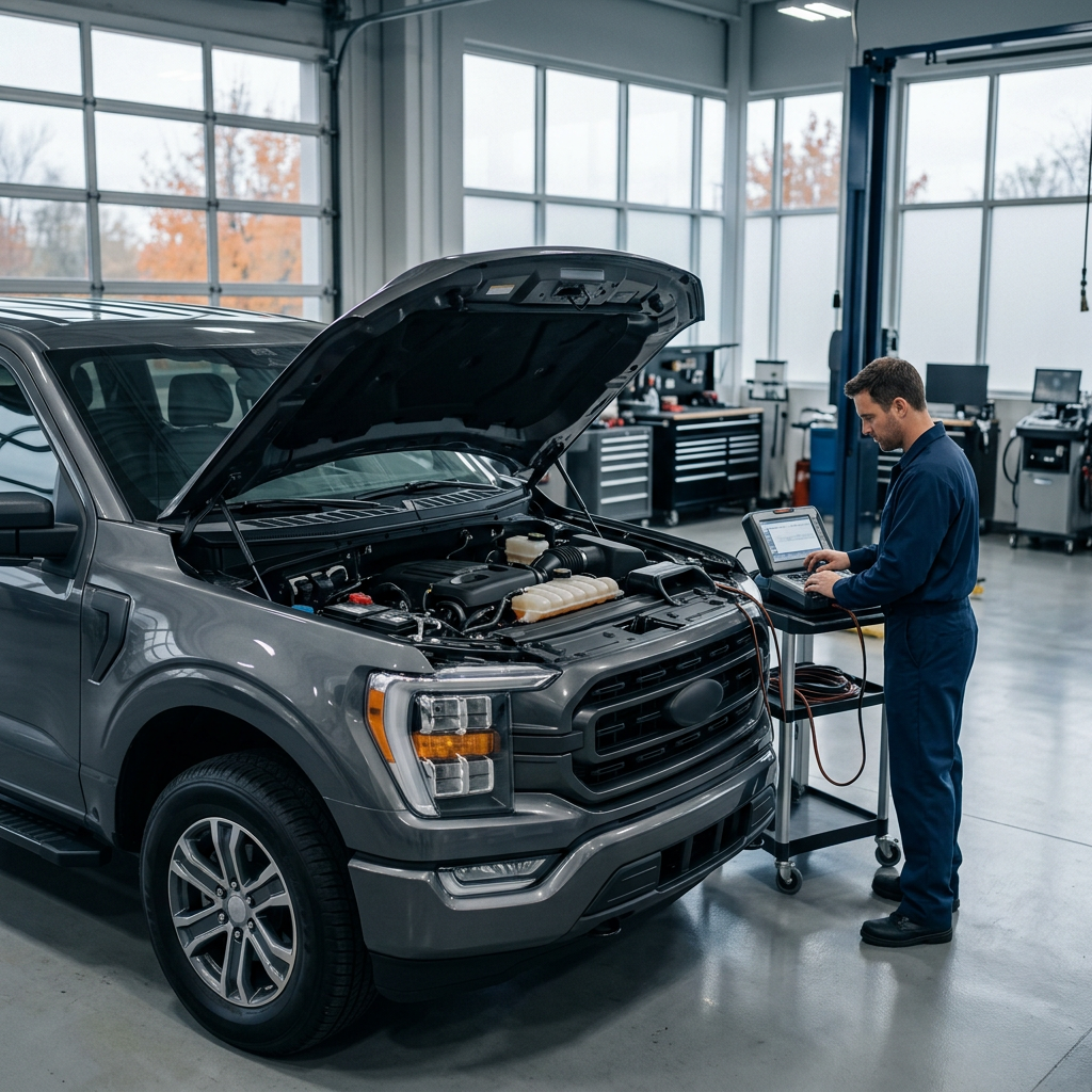 Auto mechanic using a diagnostic computer on a grey pickup truck with the hood open in a modern service bay. (Representative image for illustration purposes only. Actual vehicle may vary based on trim and configuration.)